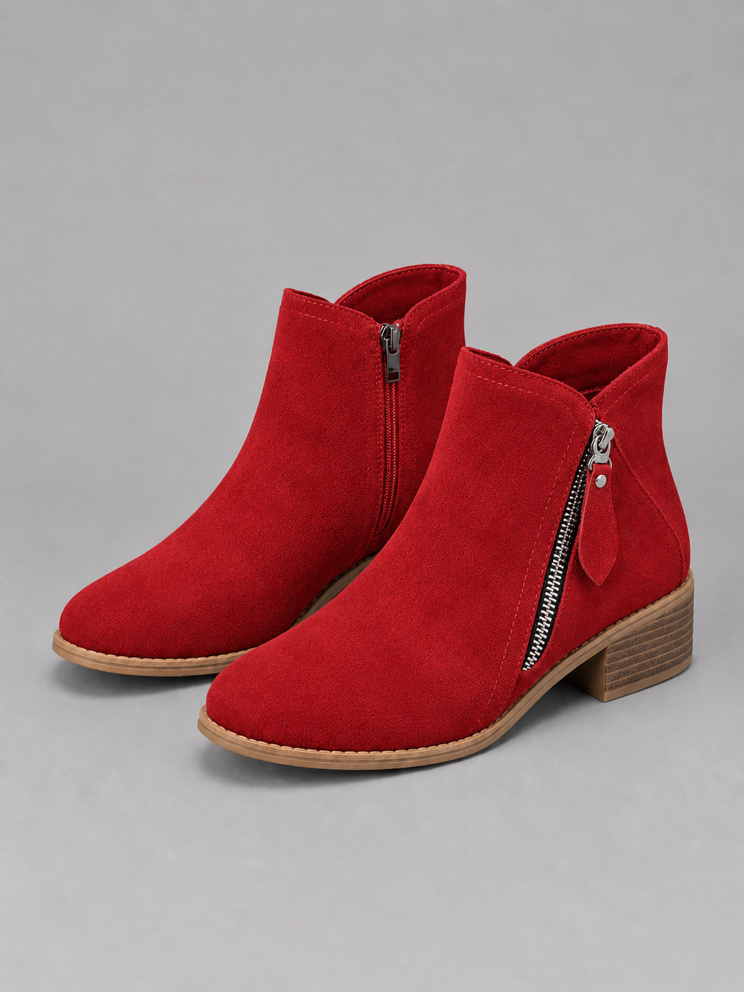 Women’s Suede Look Ankle Boots – Side Zip Low Block Heel Boots