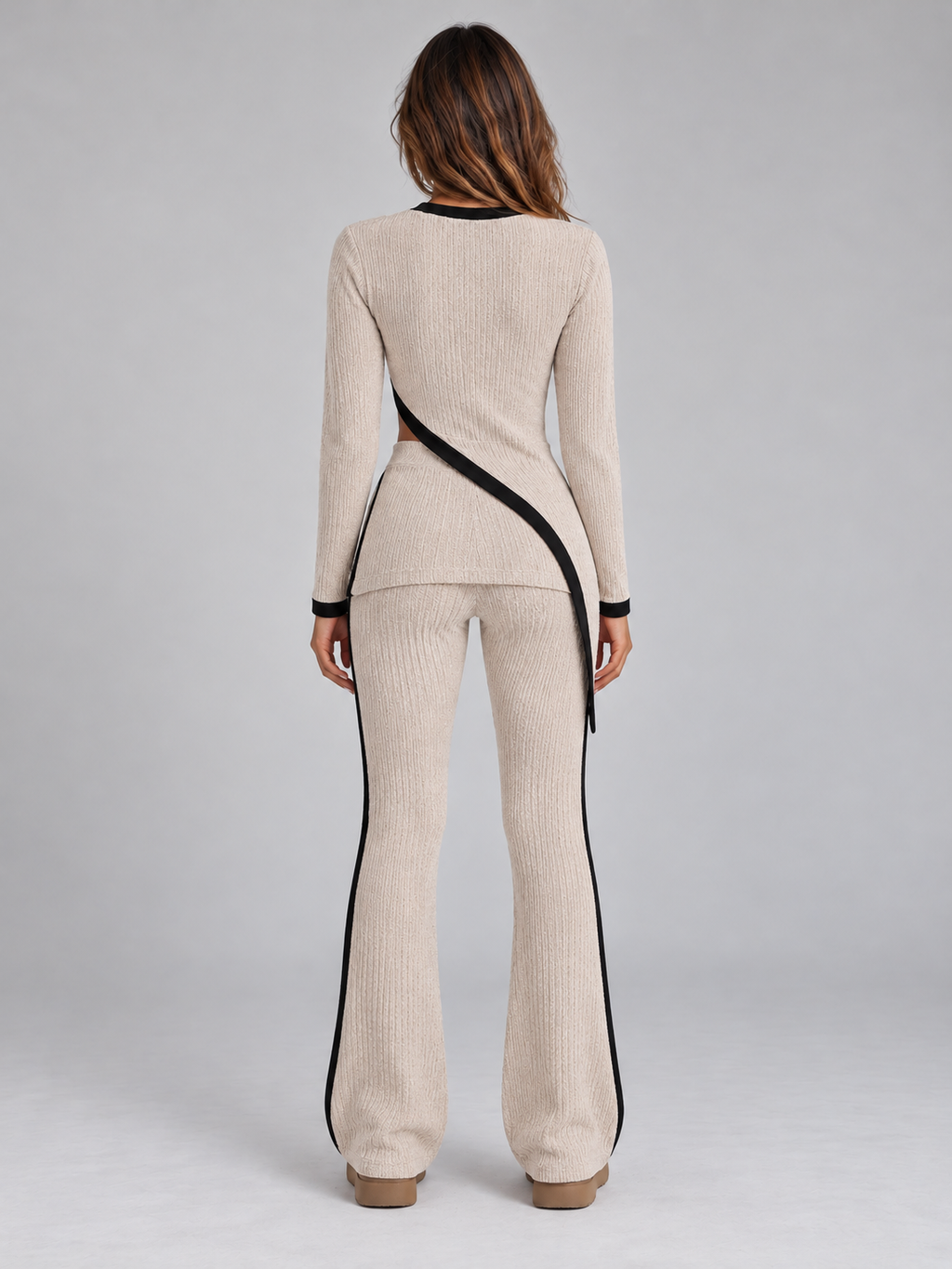 Women’s Ribbed Knit Co-Ord Set – Asymmetric Long Sleeve Top & Wide Leg Trousers