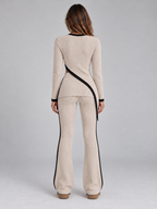 Women’s Ribbed Knit Co-Ord Set – Asymmetric Long Sleeve Top & Wide Leg Trousers