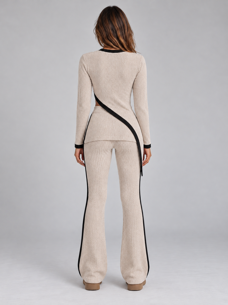 Women’s Ribbed Knit Co-Ord Set – Asymmetric Long Sleeve Top & Wide Leg Trousers