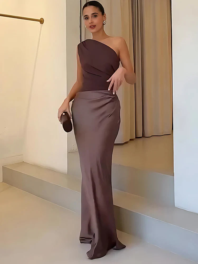 Women’s One-Shoulder Satin Feel Maxi Dress – Evening Elegance