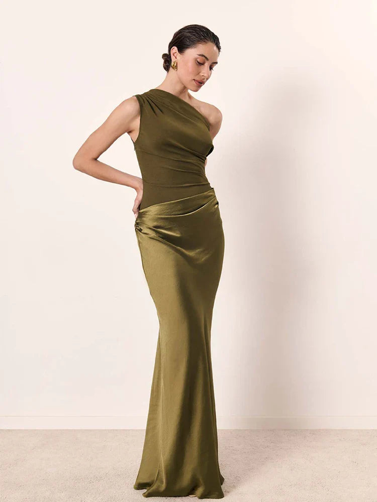 Women’s One-Shoulder Satin Feel Maxi Dress – Evening Elegance