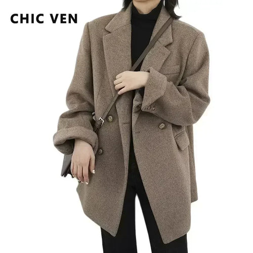 CHIC VEN Dames Wolmix Jas Effen Mid Lange Wollen Blazer Dikke Warme Blouse Dames Overjas Kantoor Dame Tops Herfst Winter