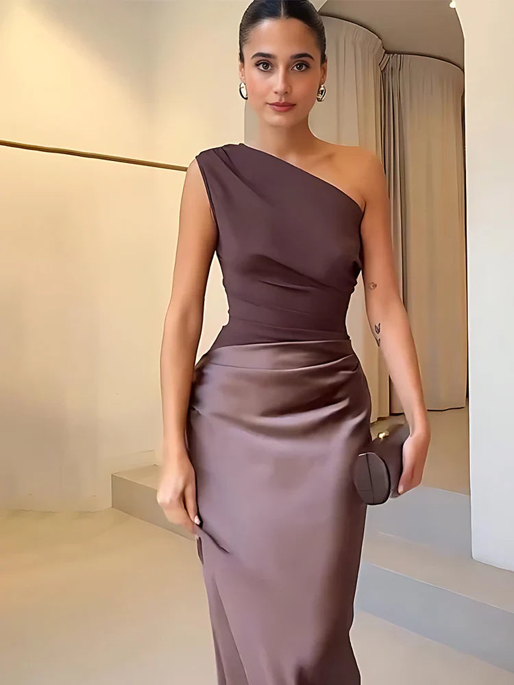 Women’s One-Shoulder Satin Feel Maxi Dress – Evening Elegance