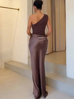 Women’s One-Shoulder Satin Feel Maxi Dress – Evening Elegance