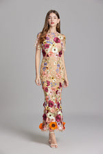 Women’s Floral Midi Dress – 3D Appliqué Wedding Guest Dress