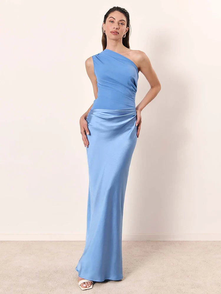 Women’s One-Shoulder Satin Feel Maxi Dress – Evening Elegance