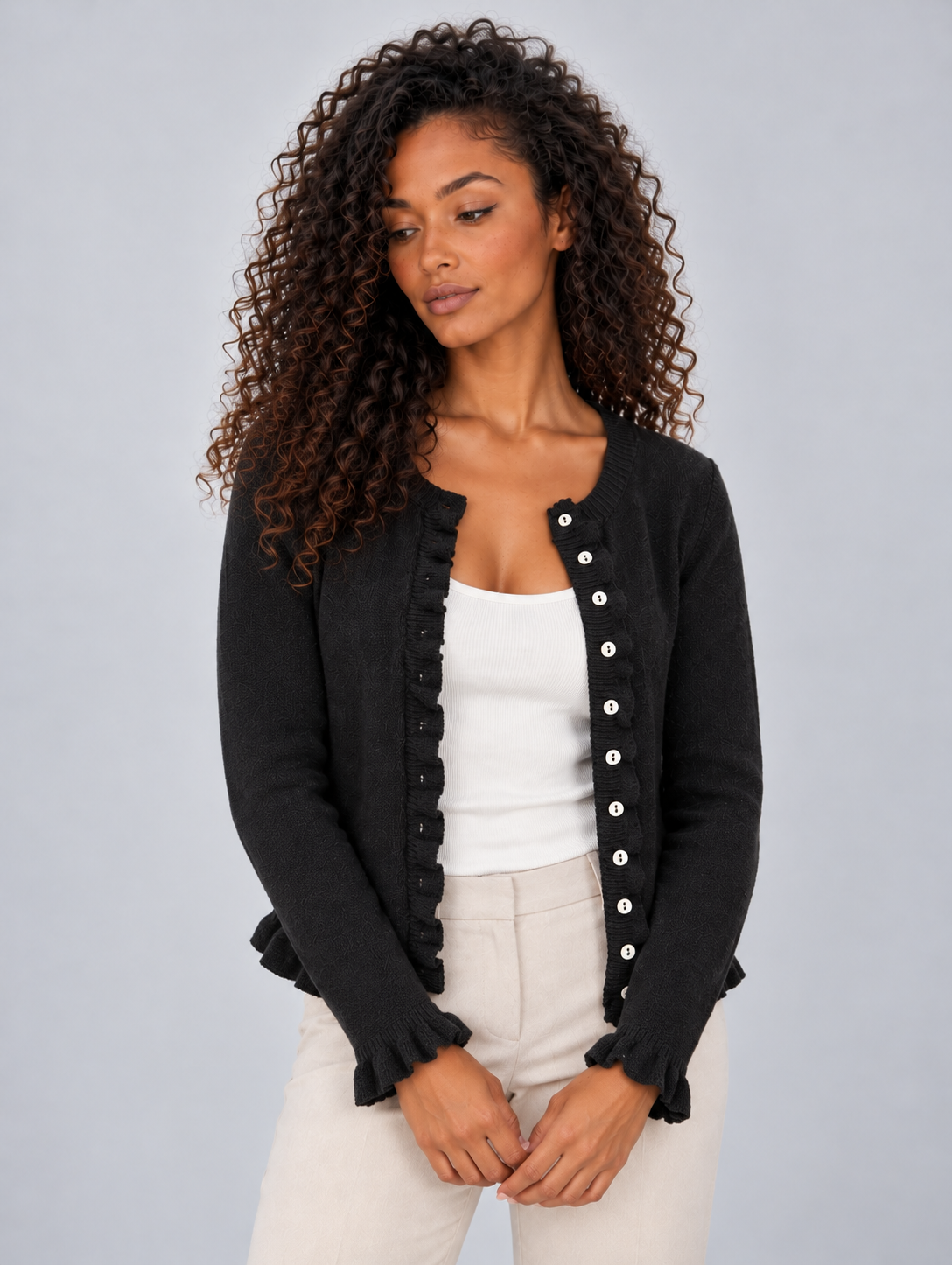 Women’s Button Front Knitted Cardigan – Round Neck Ruffle Hem Jumper
