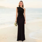 Women’s One-Shoulder Satin Feel Maxi Dress – Evening Elegance