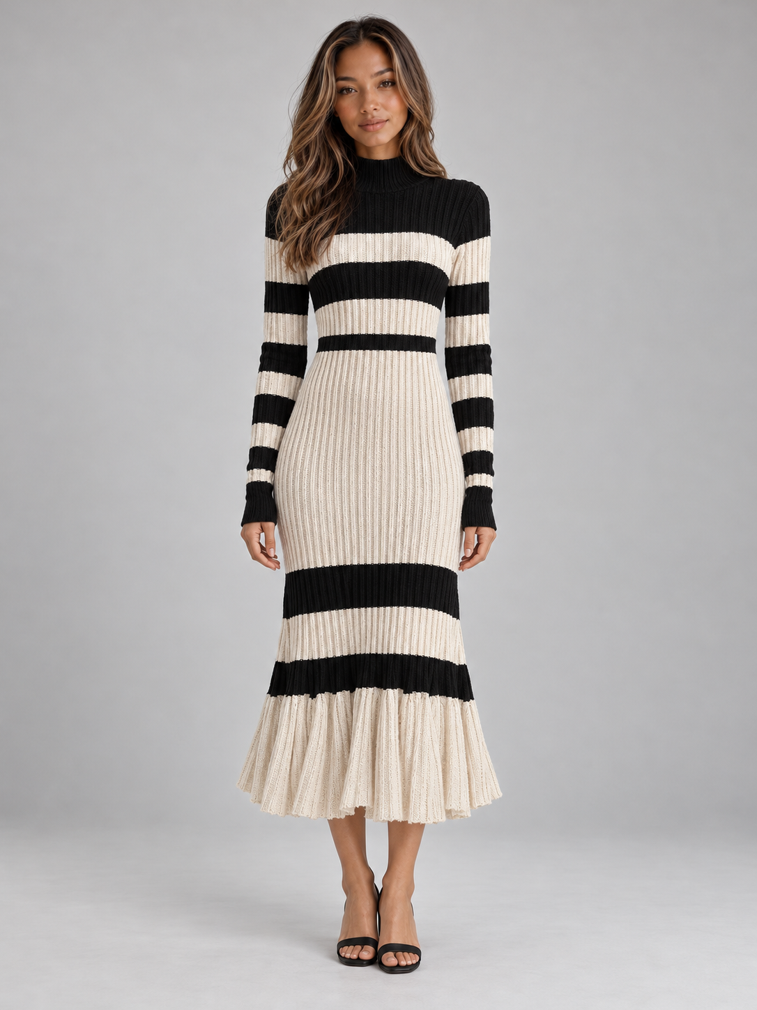 Women’s Striped Ribbed Knit Midi Dress