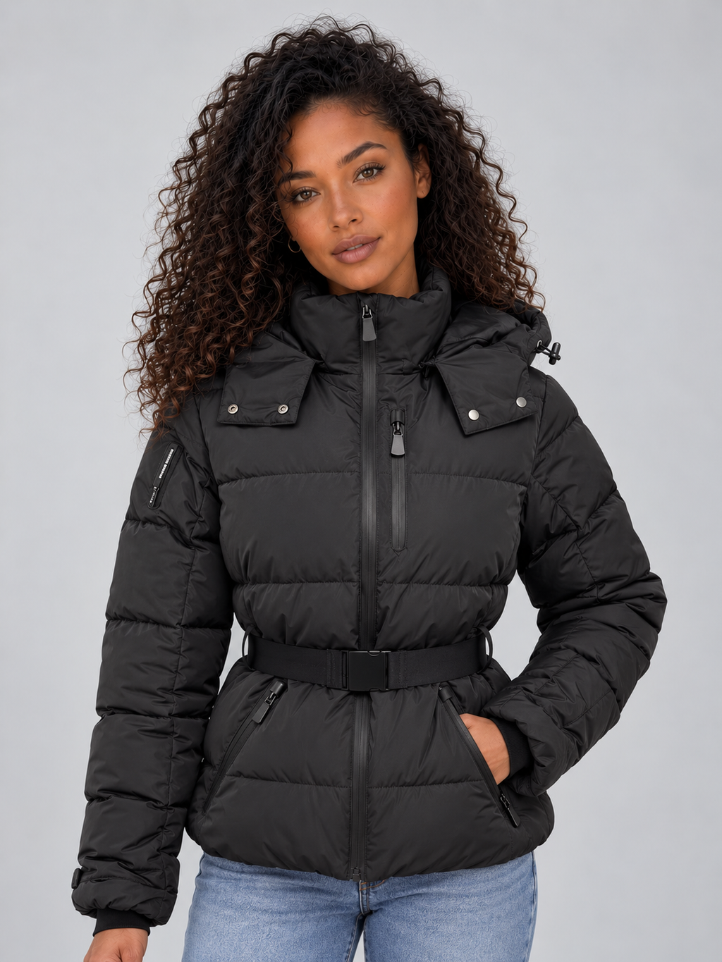 Women’s Patterned Belted Puffer Jacket – Hooded Padded Winter Coat