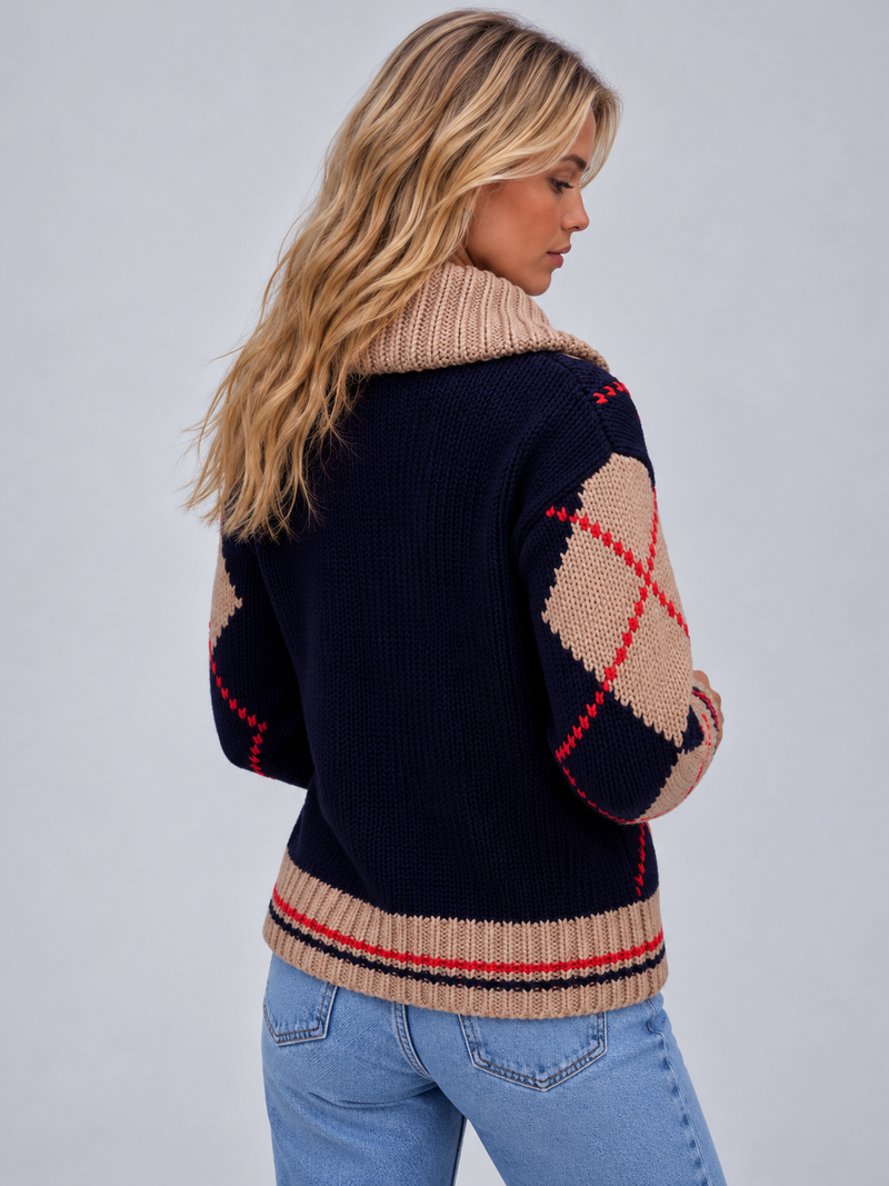 Women’s Argyle Knitted Cardigan – Zip Up Jumper with Oversized Collar