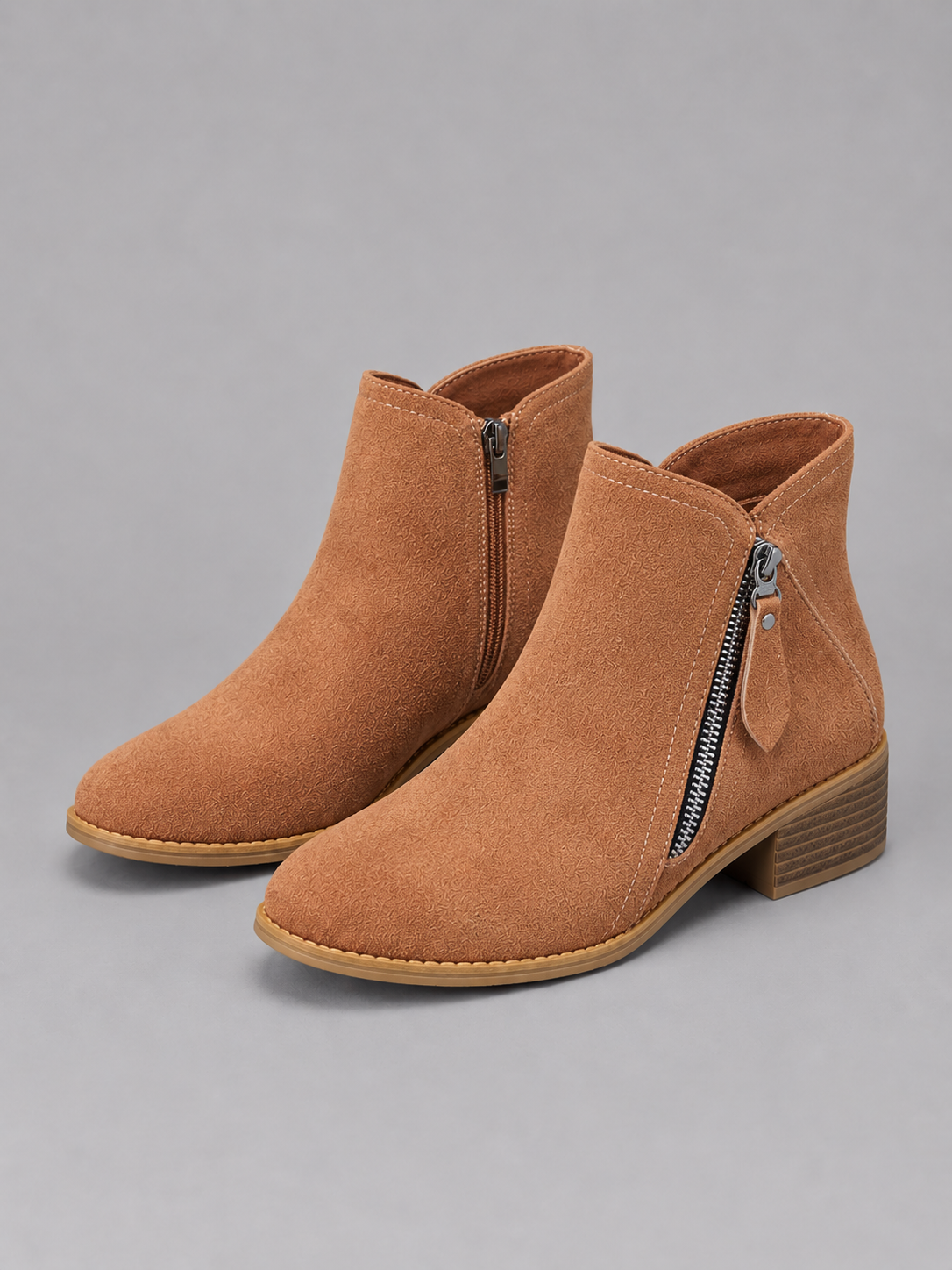 Women’s Suede Look Ankle Boots – Side Zip Low Block Heel Boots