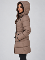 Women’s Longline Hooded Puffer Coat – Drawstring Waist Padded Winter Jacket