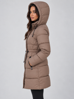 Women’s Longline Hooded Puffer Coat – Drawstring Waist Padded Winter Jacket