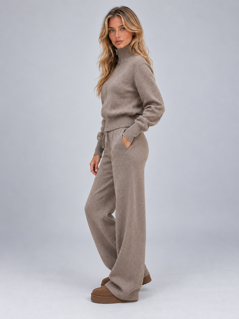 Women’s Knitted Co-ord Set – Zip Up Cardigan & Wide Leg Trousers