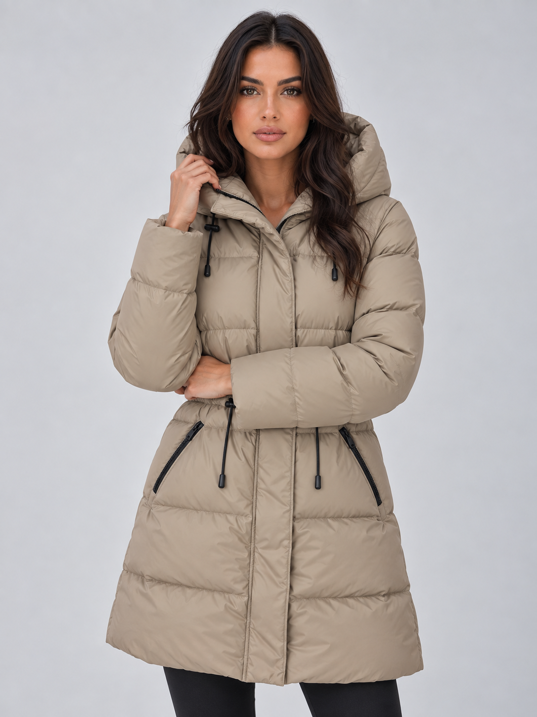 Women’s Longline Hooded Puffer Coat – Drawstring Waist Padded Winter Jacket