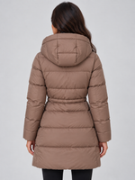Women’s Longline Hooded Puffer Coat – Drawstring Waist Padded Winter Jacket