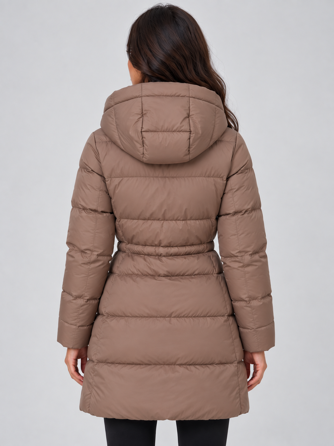 Women’s Longline Hooded Puffer Coat – Drawstring Waist Padded Winter Jacket