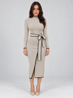 Women’s Ribbed Knit Midi Dress – High Neck Belted Jumper Dress