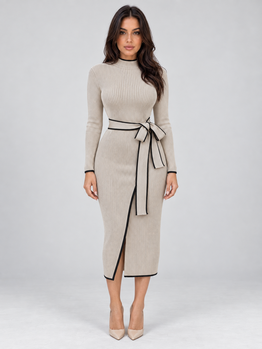 Women’s Ribbed Knit Midi Dress – High Neck Belted Jumper Dress