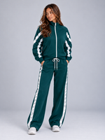 Women’s Zip Up Tracksuit Set – Striped Jacket & Wide Leg Joggers