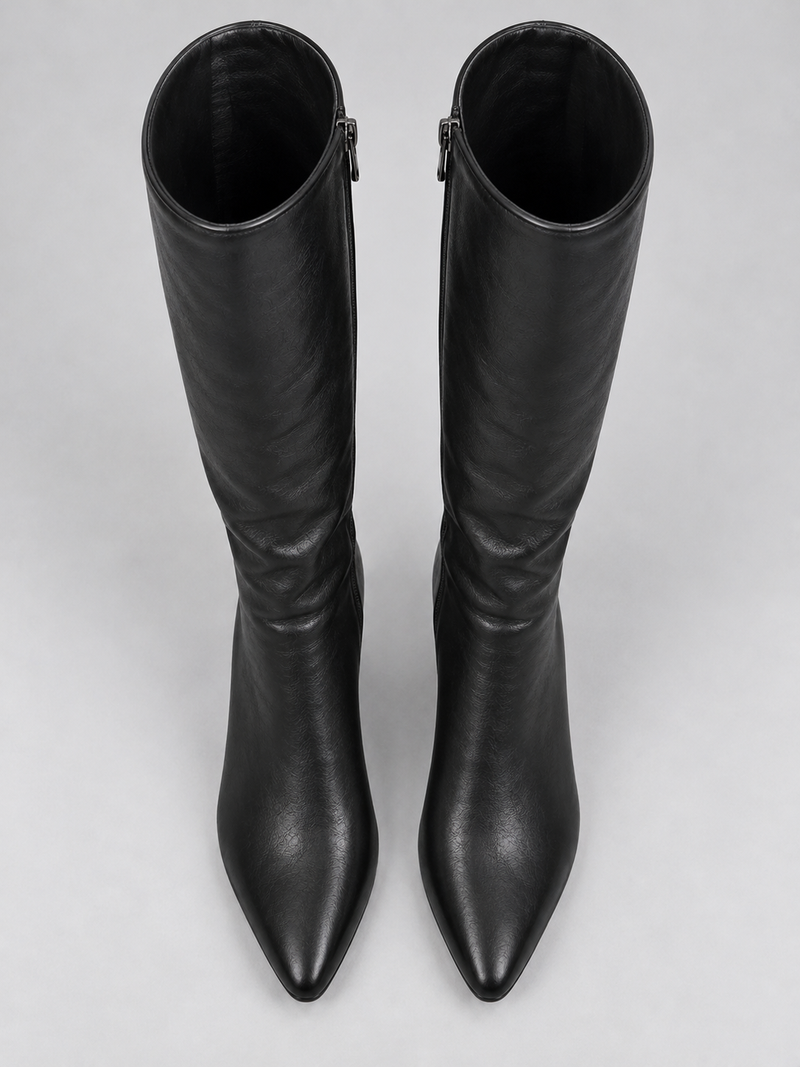 Women’s Knee High Leather Look Boots – Pointed Toe Block Heel