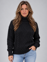 Women’s Cable Knit Roll Neck Jumper – Chunky Long Sleeve Knitted Sweater