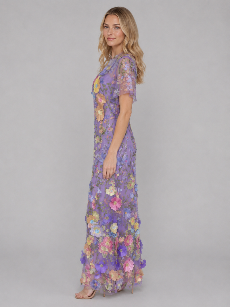 Women's 3D Floral Embroidered Tulle Maxi Dress – Elegant Occasion Gown
