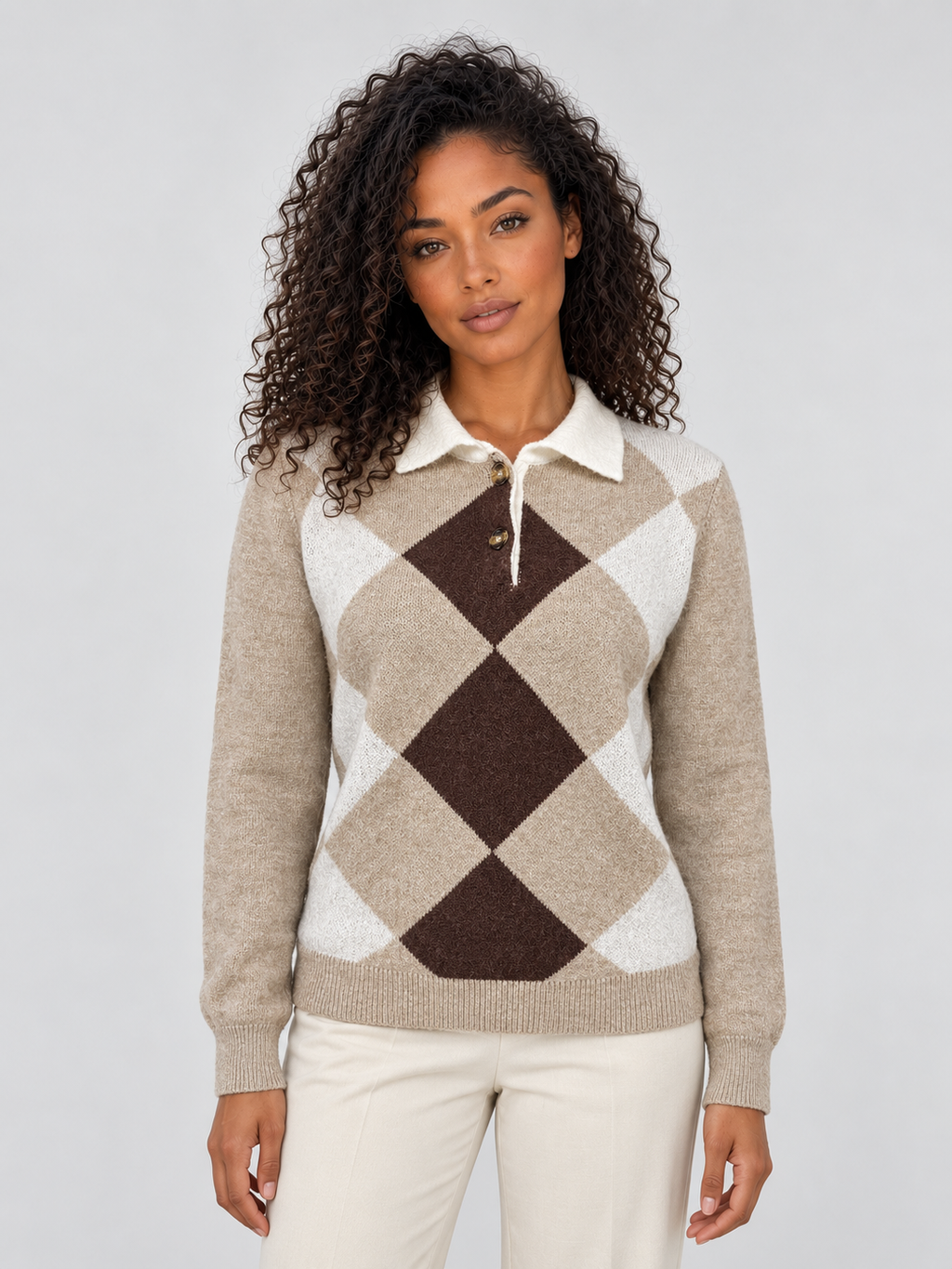 Women’s Argyle Collared Jumper – Button Neck Long Sleeve Knit Sweater