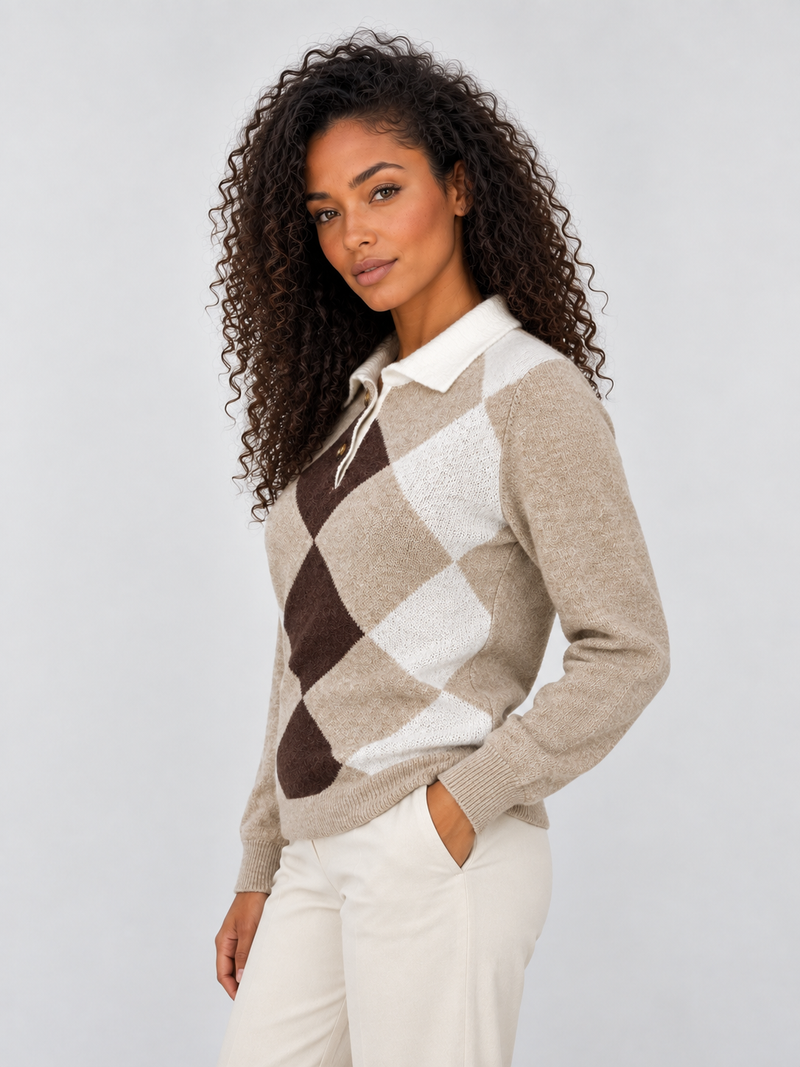 Women’s Argyle Collared Jumper – Button Neck Long Sleeve Knit Sweater