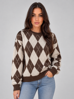 Women’s Argyle Knit Jumper – Crew Neck Long Sleeve Diamond Pattern Sweater