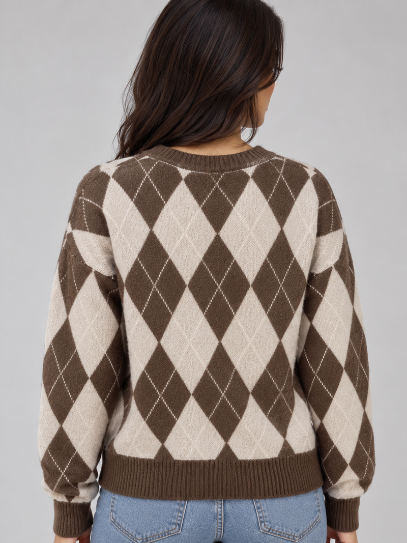 Women’s Argyle Knit Jumper – Crew Neck Long Sleeve Diamond Pattern Sweater