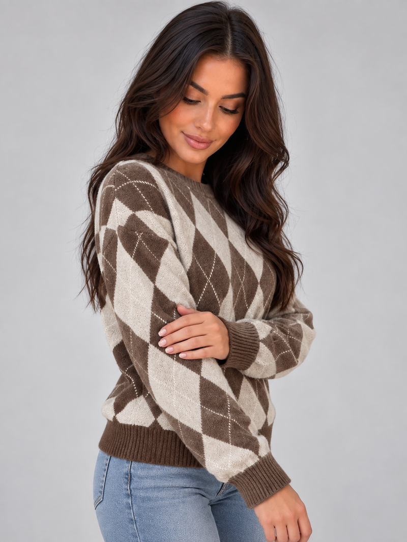 Women’s Argyle Knit Jumper – Crew Neck Long Sleeve Diamond Pattern Sweater
