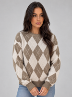 Women’s Argyle Knit Jumper – Crew Neck Long Sleeve Diamond Pattern Sweater