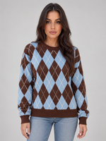 Women’s Argyle Knit Jumper – Crew Neck Long Sleeve Diamond Pattern Sweater