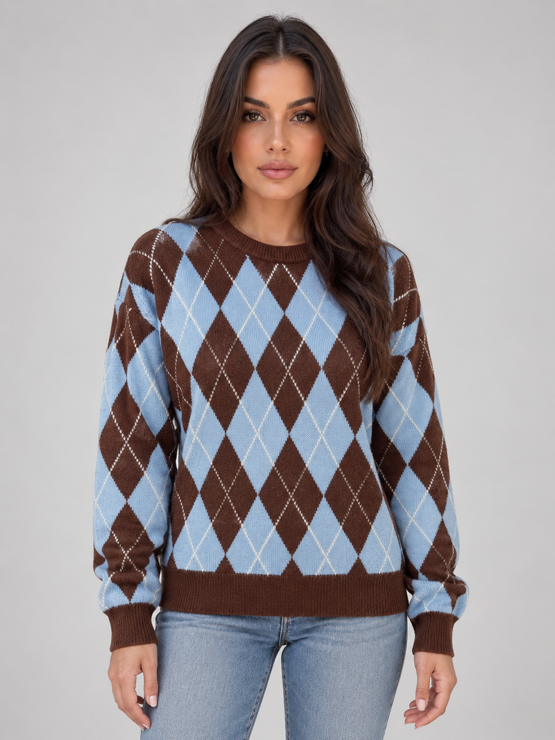 Women’s Argyle Knit Jumper – Crew Neck Long Sleeve Diamond Pattern Sweater