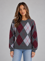 Women’s Argyle Pattern Knit Jumper – Crew Neck Long Sleeve Sweater
