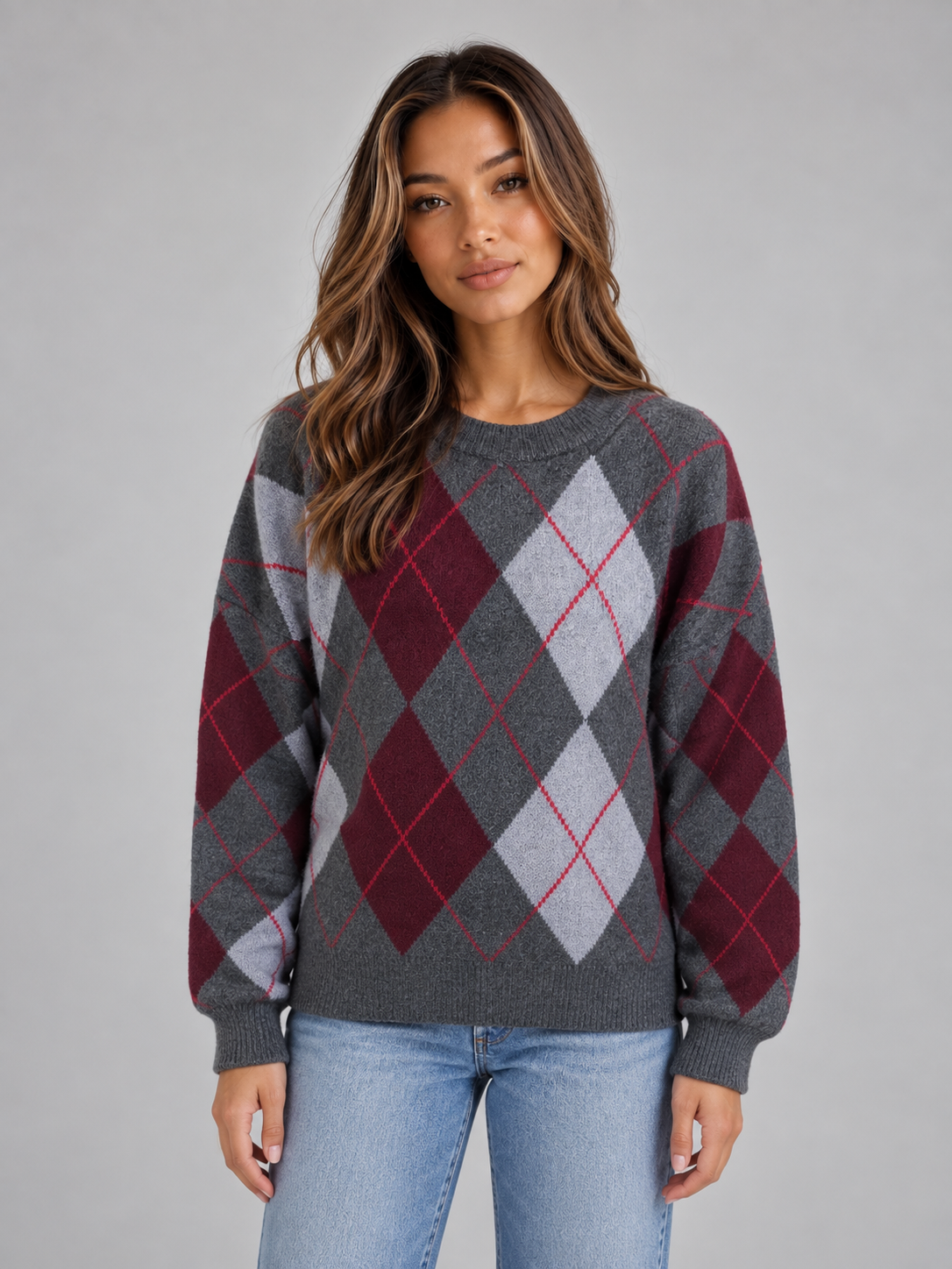 Women’s Argyle Pattern Knit Jumper – Crew Neck Long Sleeve Sweater
