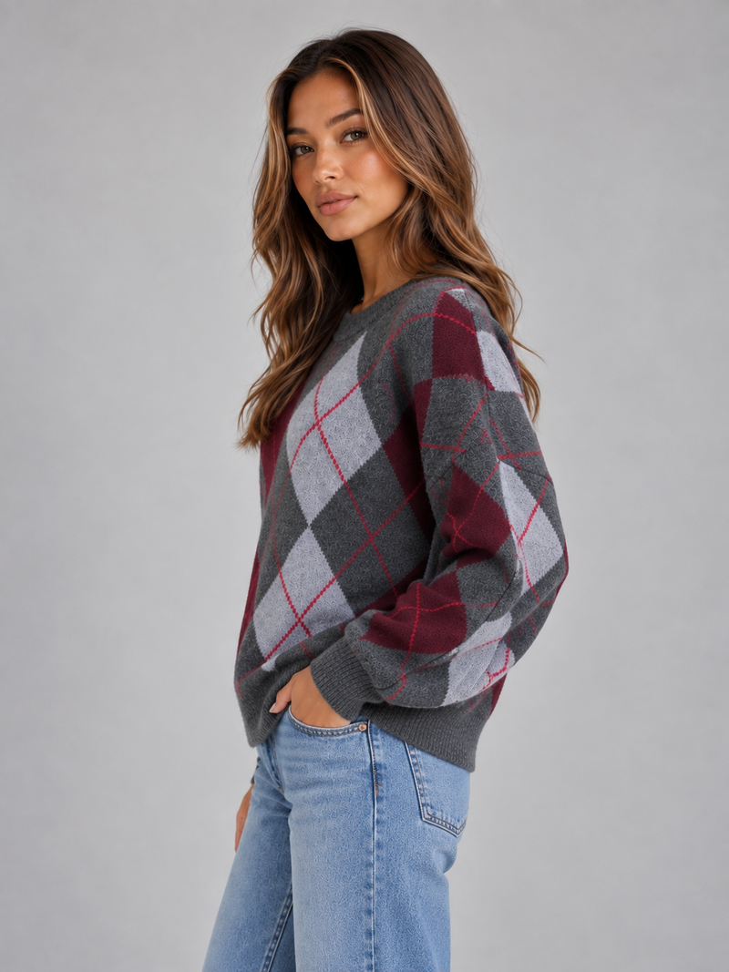 Women’s Argyle Pattern Knit Jumper – Crew Neck Long Sleeve Sweater
