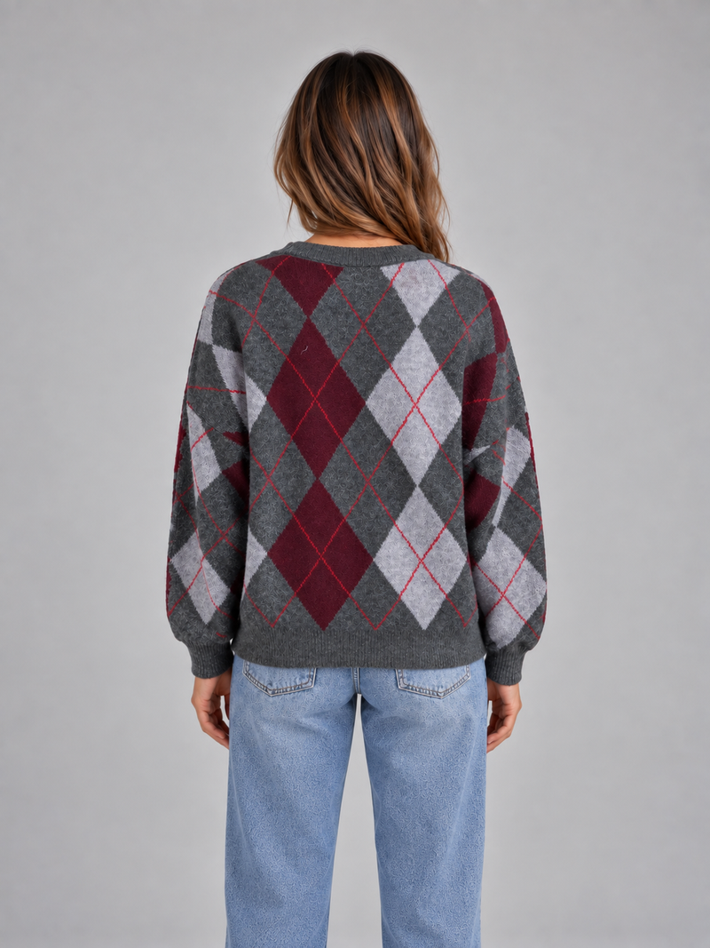 Women’s Argyle Pattern Knit Jumper – Crew Neck Long Sleeve Sweater