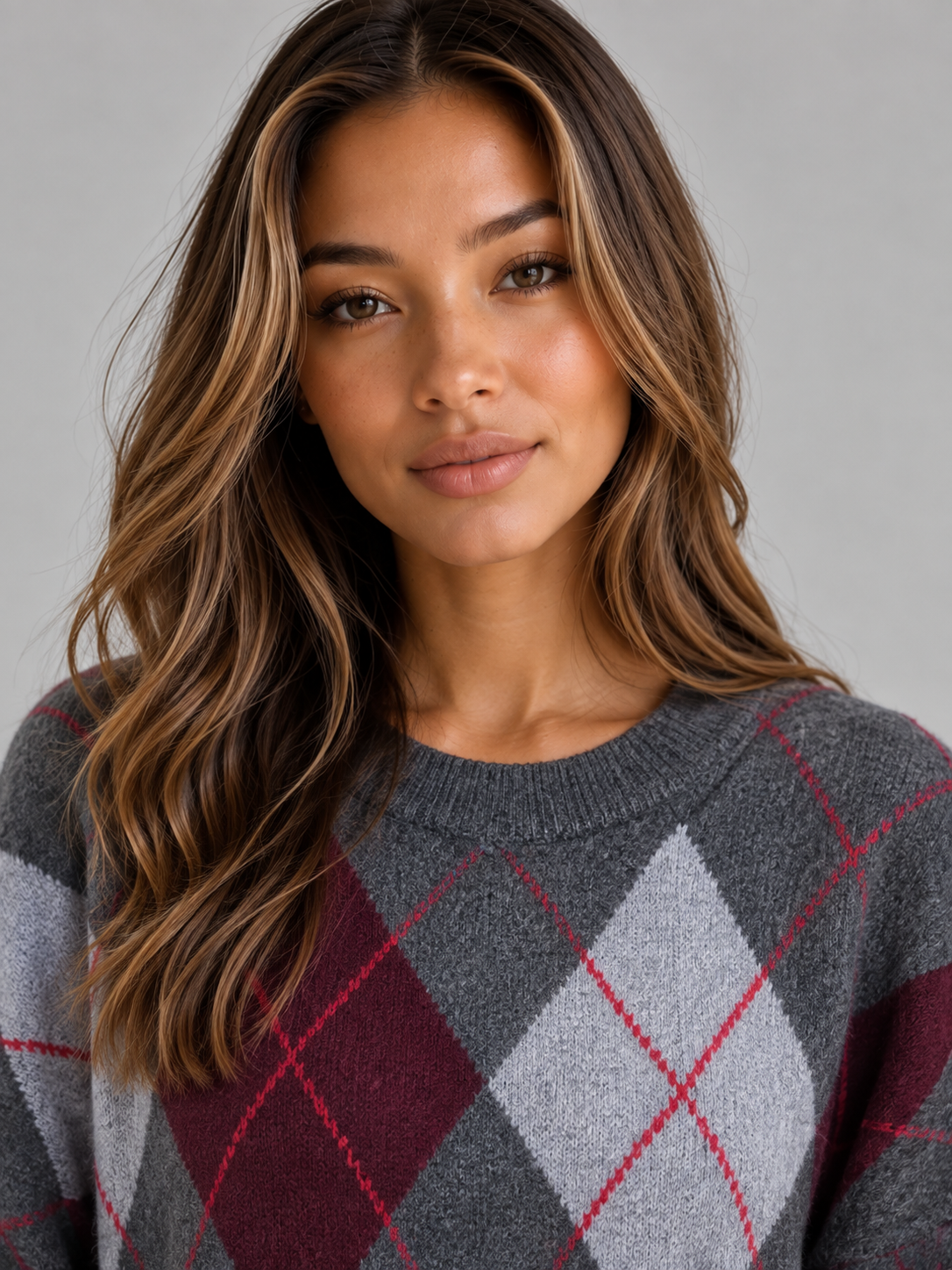 Women’s Argyle Pattern Knit Jumper – Crew Neck Long Sleeve Sweater