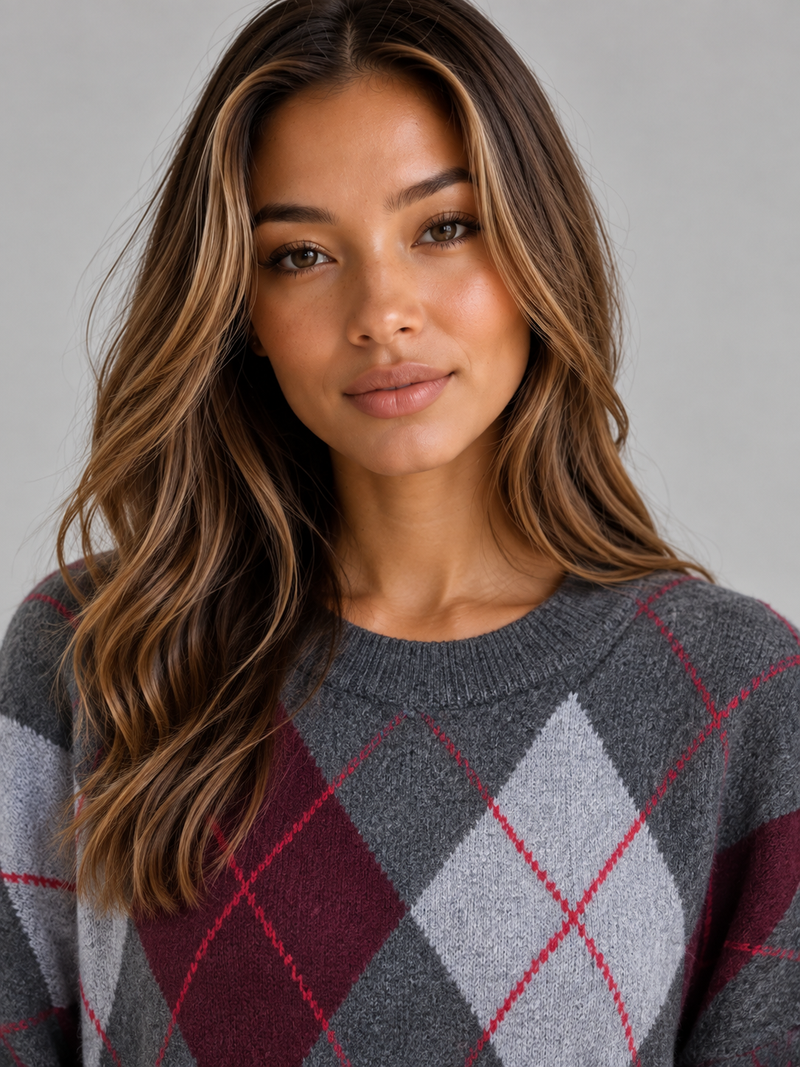 Women’s Argyle Pattern Knit Jumper – Crew Neck Long Sleeve Sweater