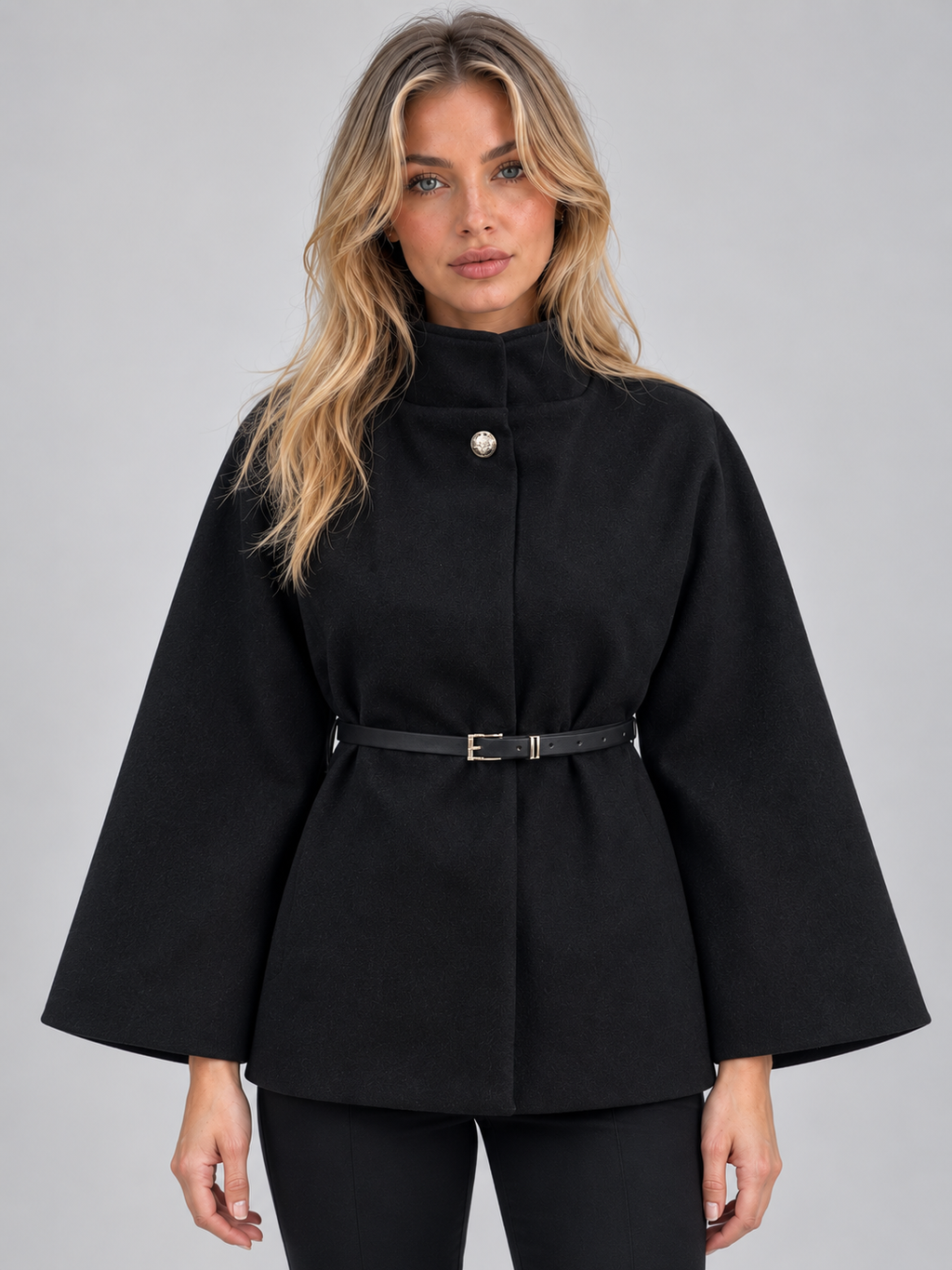 Women’s Belted Cape Jacket – High Neck Flared Sleeve Coat