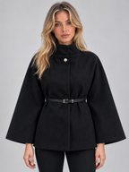 Women’s Belted Cape Jacket – High Neck Flared Sleeve Coat