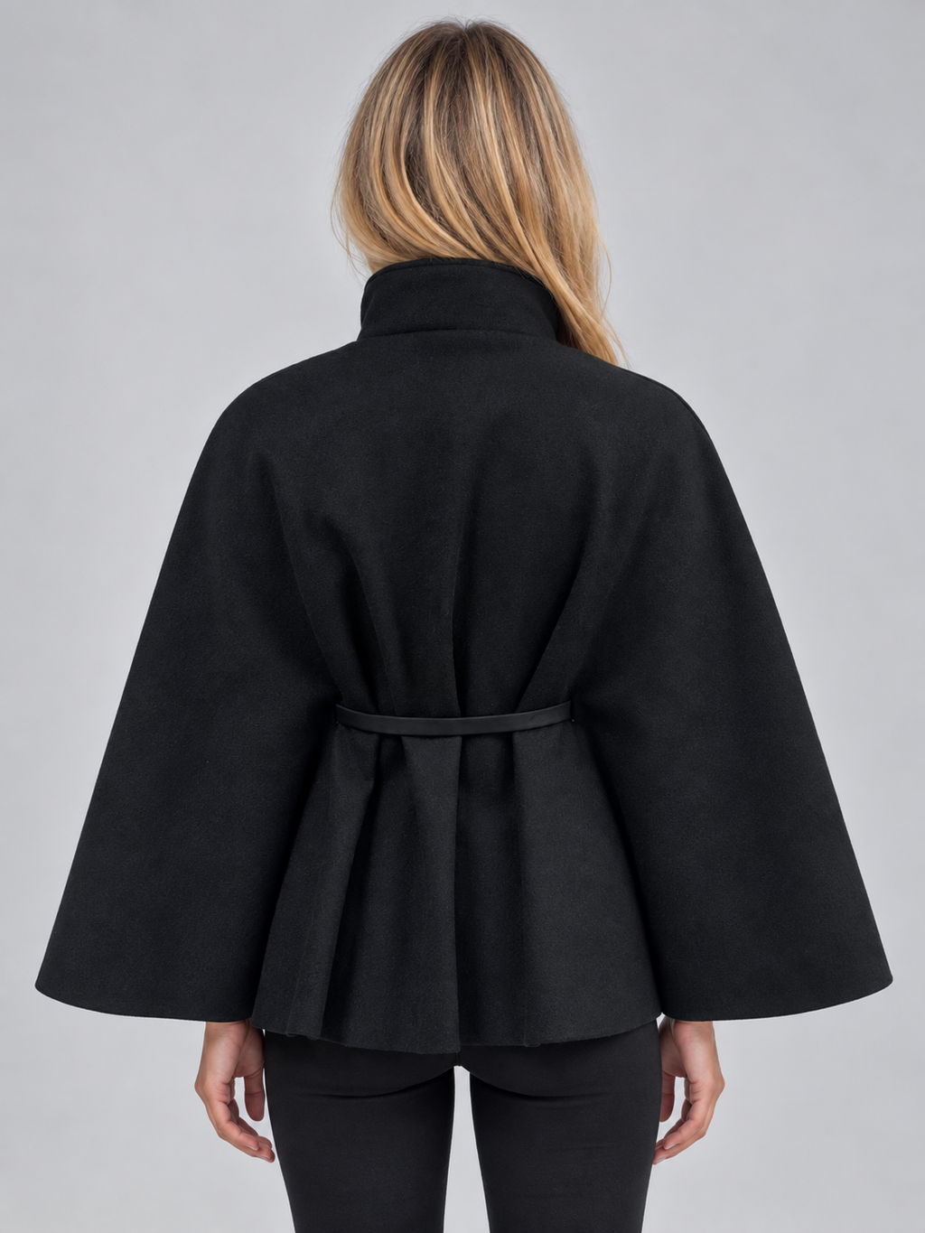Women’s Belted Cape Jacket – High Neck Flared Sleeve Coat