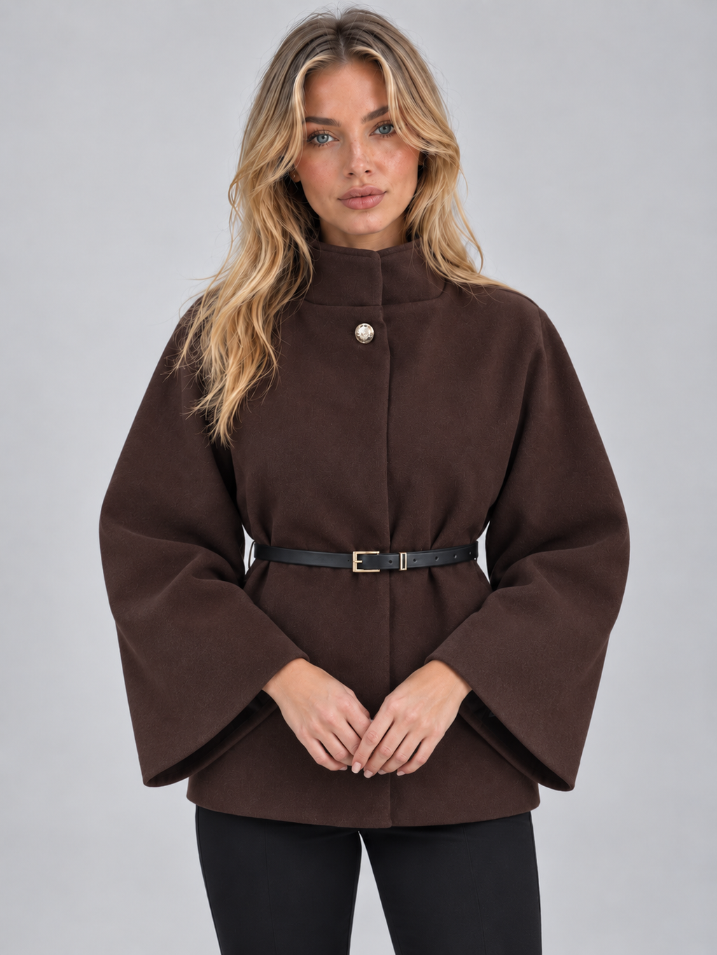 Women’s Belted Cape Jacket – High Neck Flared Sleeve Coat