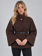 Women’s Belted Cape Jacket – High Neck Flared Sleeve Coat
