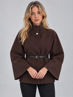 Women’s Belted Cape Jacket – High Neck Flared Sleeve Coat