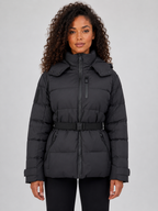 Women’s Belted Hooded Puffer Jacket – Warm Padded Winter Coat
